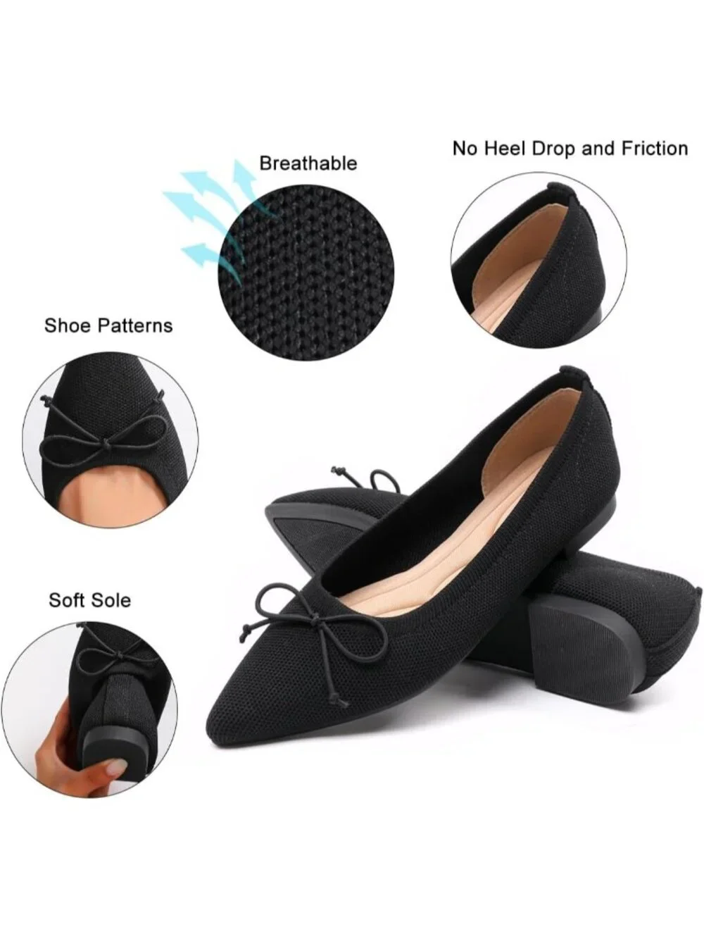 Women Black Comfortable Pointed Toe Knit Foldable Slip On Ballet Flat Shoes